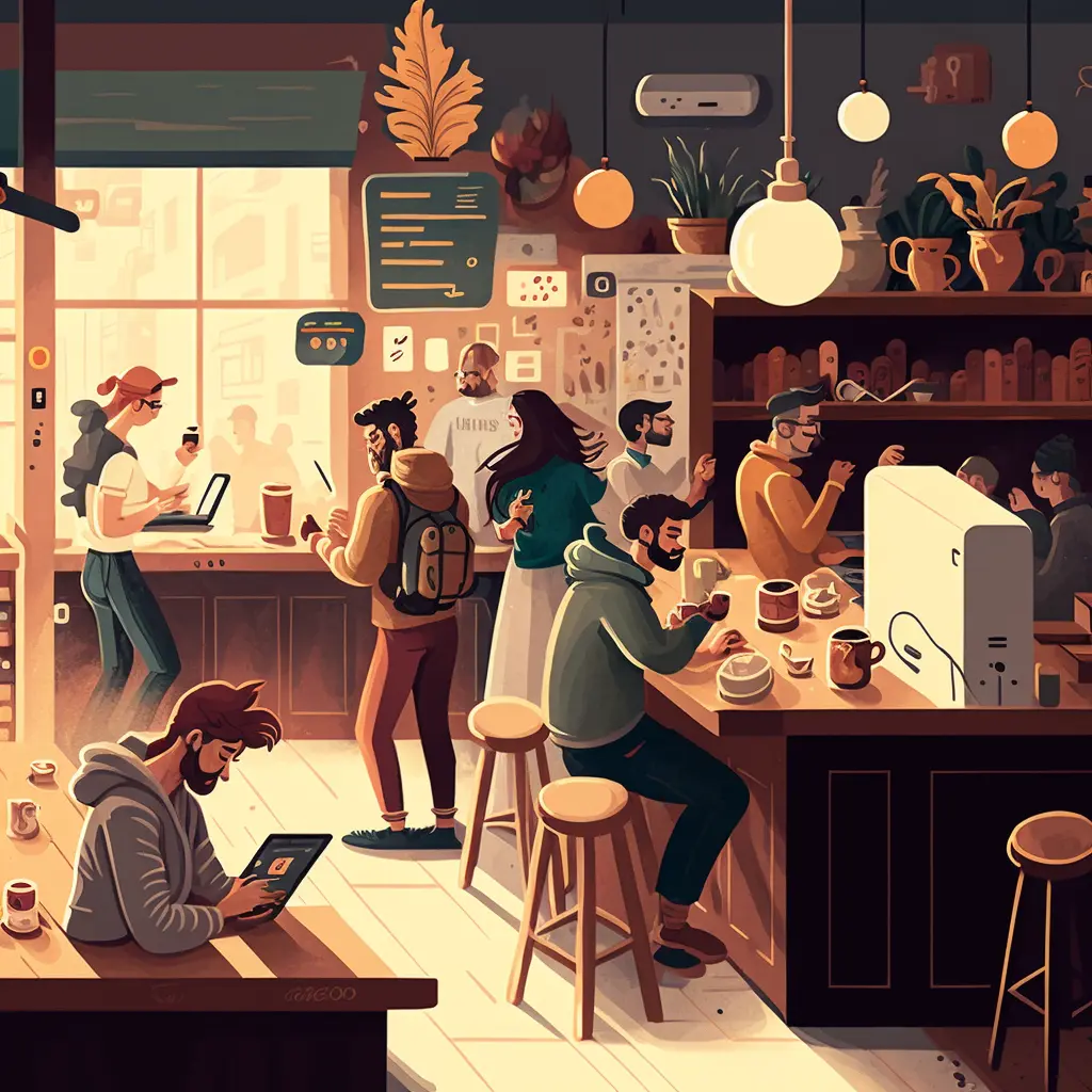 users at a coffeeshop, illustration for a tech company, by slack and dropbox, style of behance 
